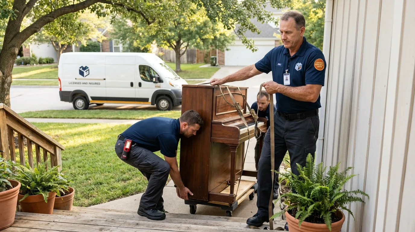 Licensed piano movers securing grand piano in Sharon Hill, PA