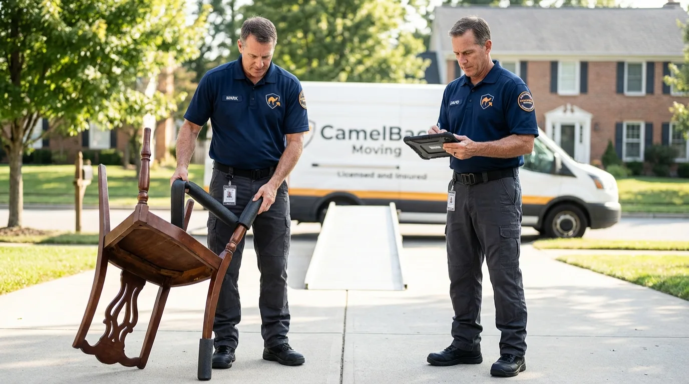 Movers inspecting furniture for damage prevention before loading in Sharon Hill, PA