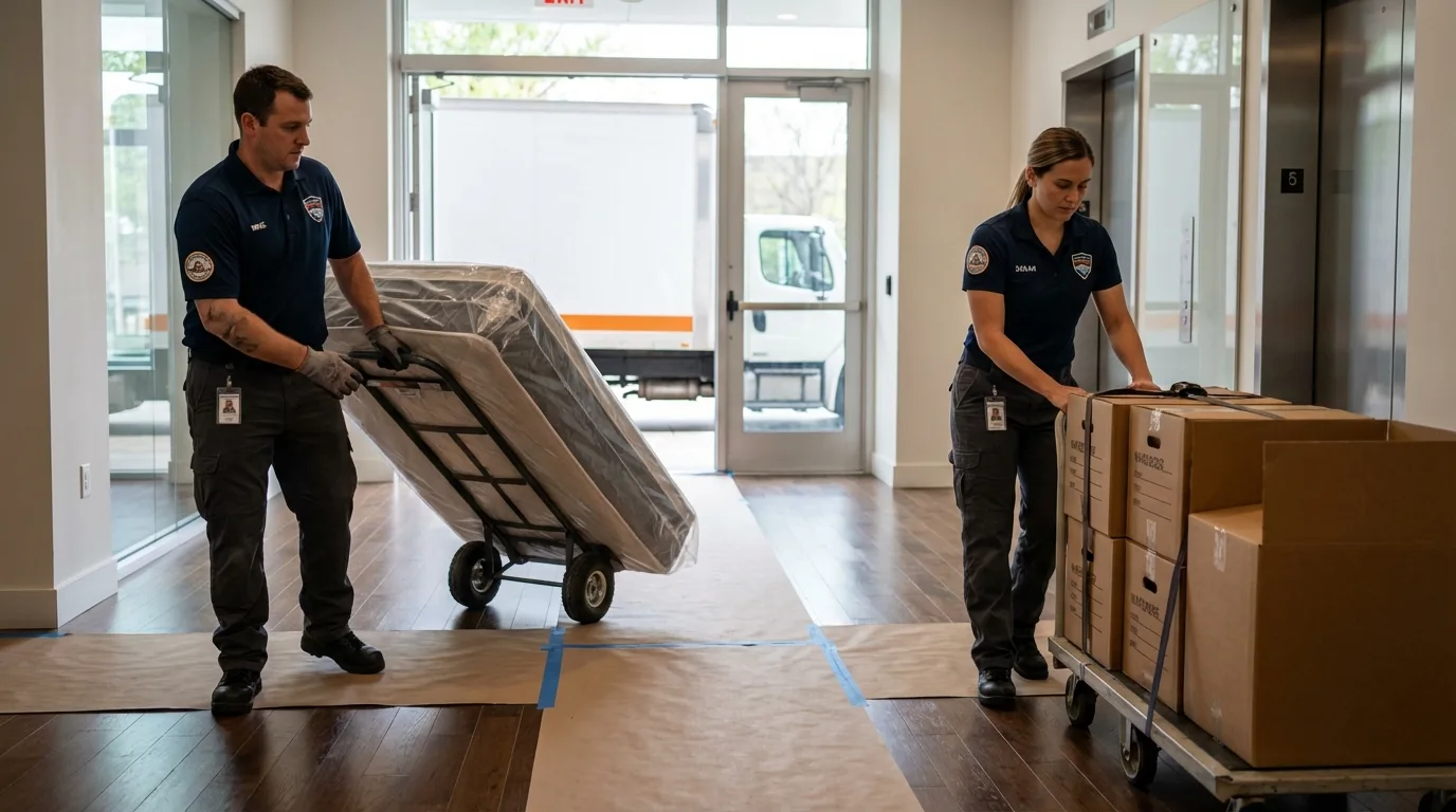 Professional apartment movers loading elevator in Sharon Hill, PA