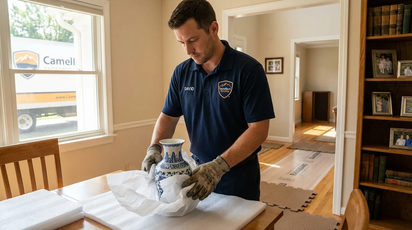 Professional crew carefully wrapping antique vase for senior downsizing move in Sharon Hill, PA